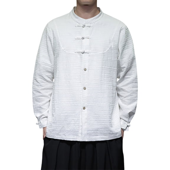 Ulitacool Mens Shirts Autumn Style Button Fastening Tangzhuang Style Long Sleeved Shirt Button Down Clouse Relax Fit Clothing 3Xl White