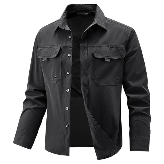 Ulitacool Mens Shirts Casual Big Size Shirt Outdoor Long Sleeve Slim Fit Solid Color Top Daily Home Travel Hiking Spring Summer Fall Winter Trend Clothes M Black