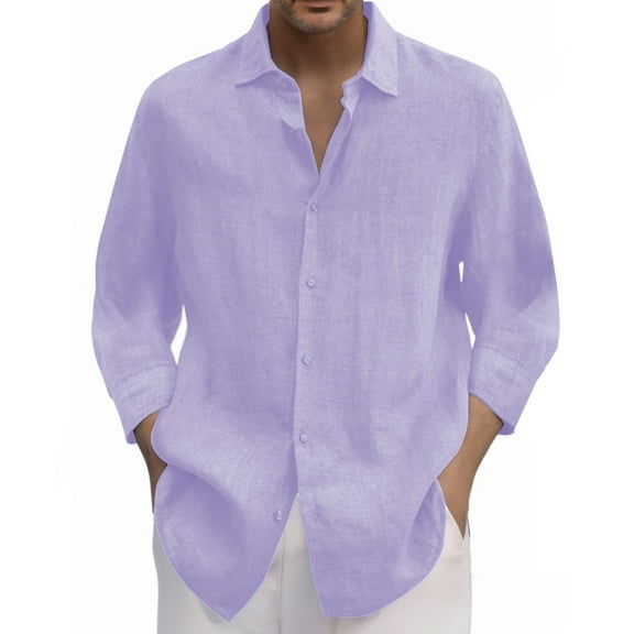 Ulitacool Mens Shirts Casual Long Sleeve Spring Summer Lapel Shirt Solid Color Tops Button Down Clouse Relax Fit Wear M Purple