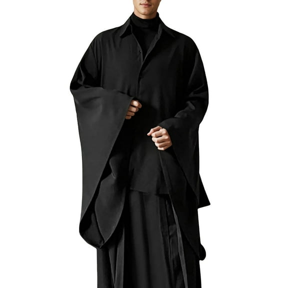 Ulitacool Mens Shirts Casual Shirt Elegant Stand Collar Long Sleeve Blouse With Sleeves Stylish Wear Solid Color Blouse Classic Wear L Black