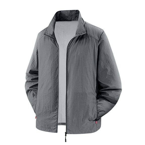 Ulitacool Mens Shirts Lightweight Outdoor Sun Jacket Summer Stand Collar Shirt Solid Color Blouse Comfortable Clothing M Gy2