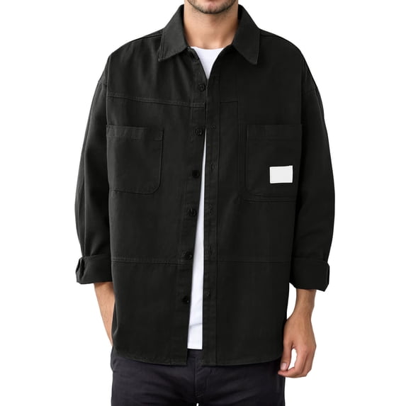 Ulitacool Mens Shirts Long Sleeve Tops Heavy Duty Work Shirt Solid Color Loose Fit Shacket Open Front Jacket Top Outdoor Daily Wear Button Down Clouse Comfortable Clothes 3Xl Black