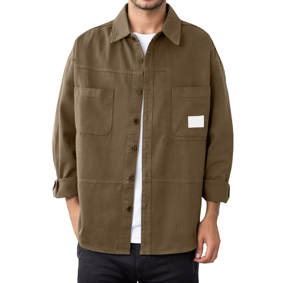Ulitacool Mens Shirts Long Sleeve Tops Heavy Duty Work Shirt Solid Color Loose Fit Shacket Open Front Jacket Top Outdoor Daily Wear Button Down Clouse Soft Clothing 3Xl Khaki
