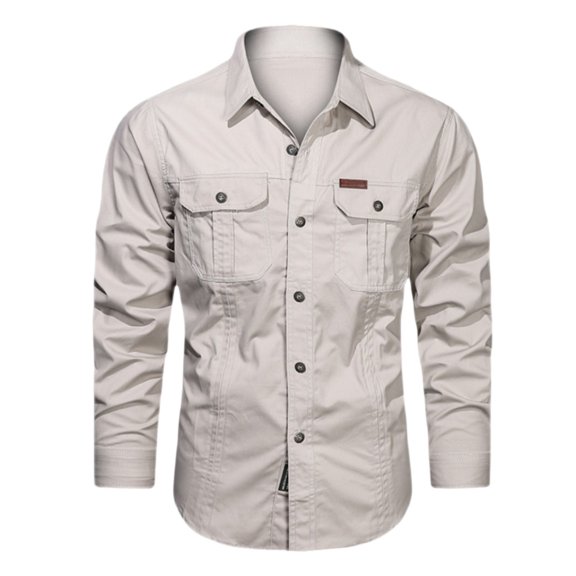 Ulitacool Mens Shirts Solid Colour Autumn Long Sleeved Button Down Shirt Outdoor Style Shirt Button Down Clouse Comfortable Clothes 6Xl Beige