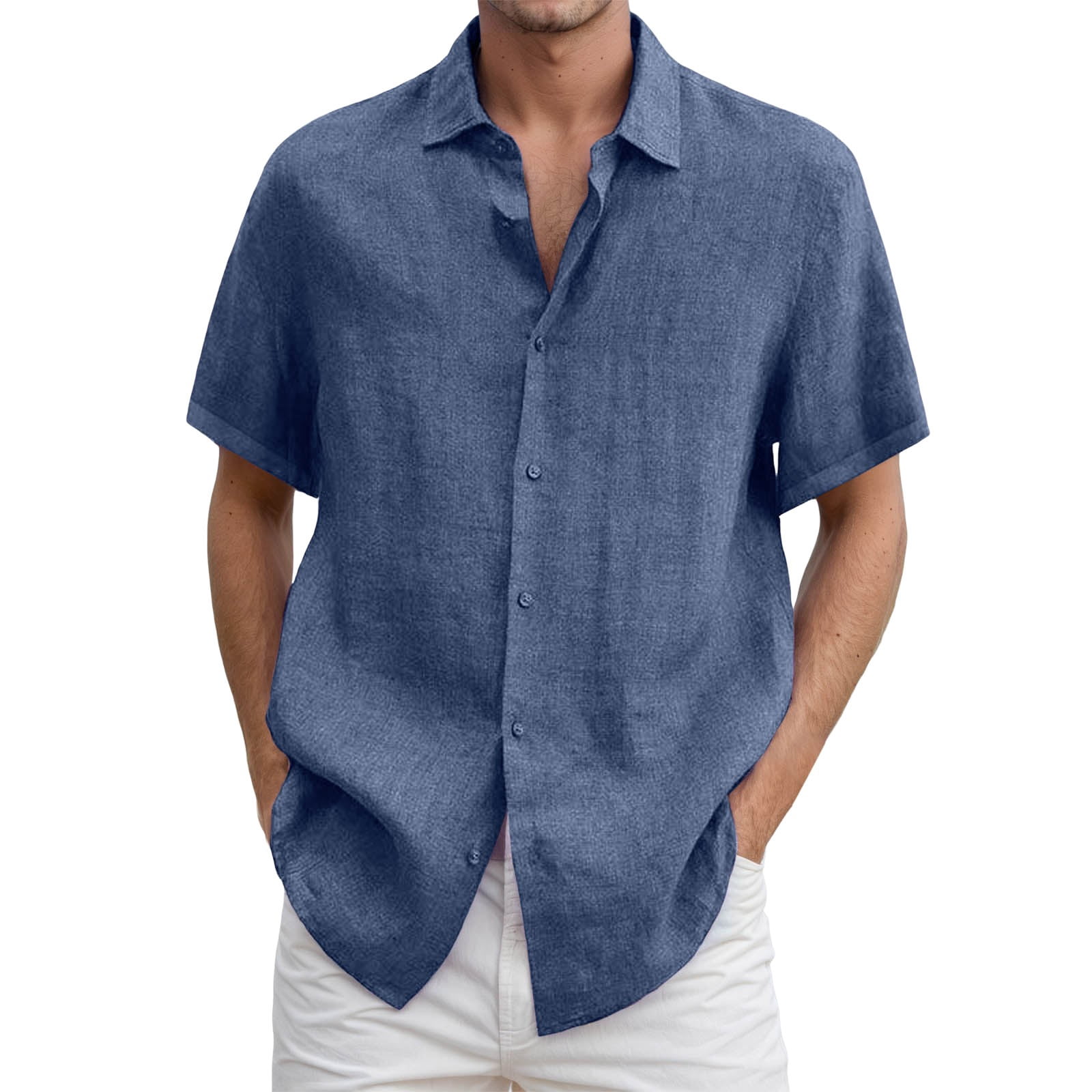 Ulitacool Mens Shirts Summer Short Sleeve Linen Shirt Loose Fit Solid ...