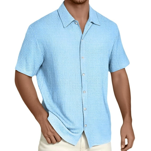 Ulitacool Mens Shirts Summer Solid Color Button Down Clouse Refreshing Short Sleeve Shirt Relax Fit Wear 2Xl Sky Blue