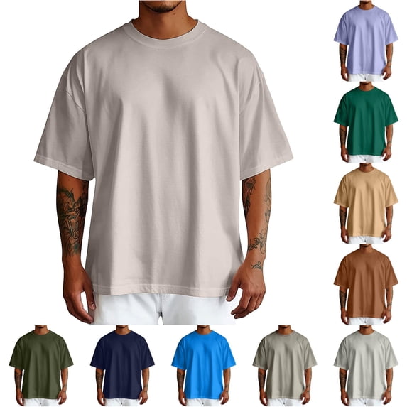 Ulitacool Mens T Shirts Summer Pure Oversized Shirt Solid Color Short Sleeve Round Shoulder Sleeve Top Comfortable Wear Light Gray