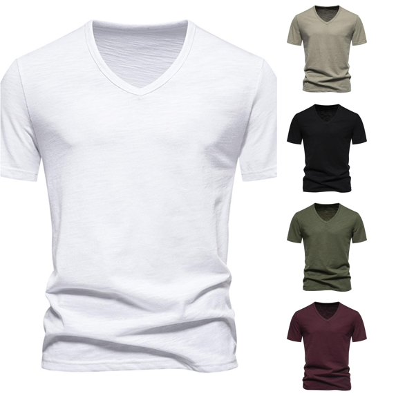 Ulitacool Mens T Shirts Summer Solid Color V Neck Short Sleeved T Shirt Durable Clothing White