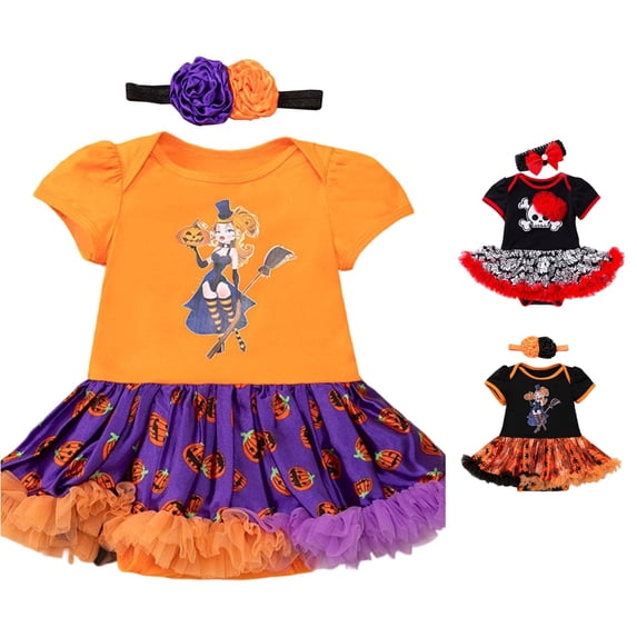 Ulitacool Newborn Girl'S Halloween Dress Short Sleeve Sundress Round Neck Pumpkin Graphic Hallowmas Costume Adorable Clothes 3-6 Months Yellow1