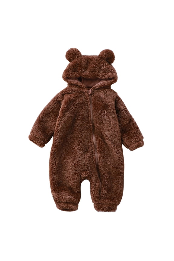 Onesies For Boys Fall Winter Infant Baby Long Sleeves Cartoon Ears Footed Hooded Zipper Romper Warm Footie Jumpsuit Sleeper Pajamas Outfits Relax Fit Boy Clothes 12-18 Months Brown
