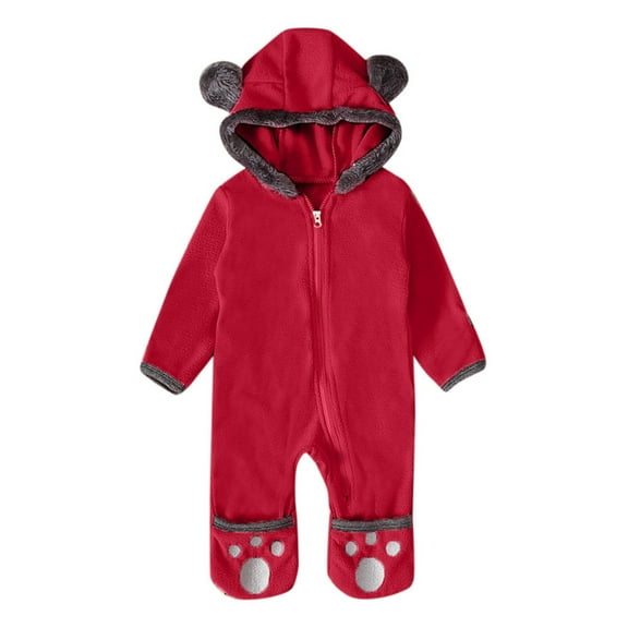 Ulitacool Onesies For Boys Fall Winter Solid Color Long Sleeve Coat Jumpsuit Romper Footed Hooded Ears Baby Jumpsuit Adorable Boy Clothing 18-24 Months Red