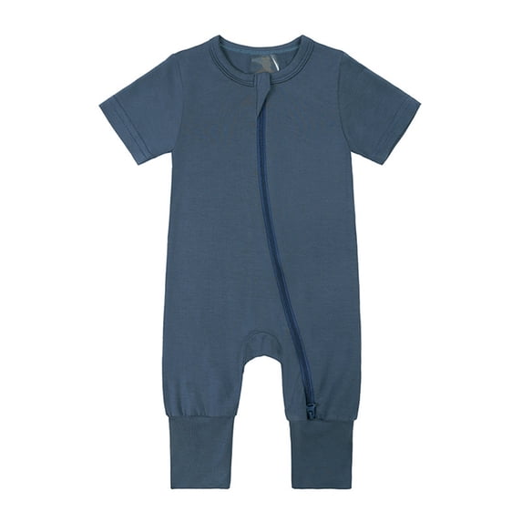 Ulitacool Onesies For Boy Crewneck Rompers Footless Pajamas Zipper Short Sleeve Sleeper Solid Color Jumpsuit Cute Clothes Dark Blue 6-12 Months