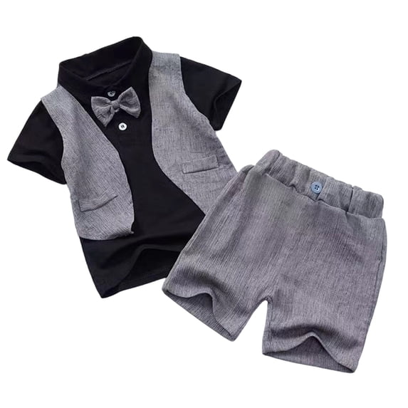 Ulitacool Outfits For Boy Summer O Neck Cartoon Pattern Short Sleeve Tops Shorts Retro Toddler Playsuit 12-24 Months Black