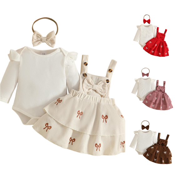 Ulitacool Outfits For Girls Crewneck Cartoon Pattern Long Sleeve T Shirts Suspender Skirts Fashion Toddler Playsuit 12-18 Months White