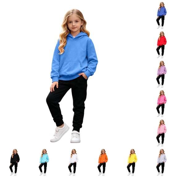 Ulitacool Outfits For Girls Round Neck Solid Color Long Sleeve Tracksuit Hoodie Pants Retro Little Girls Clothing 7-8 Years Blue