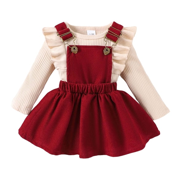 Ulitacool Outfits For Girl Ribbed Long Sleeve Pinafore Dress And Bodysuit Two Piece Style Outfits For Baby Daughter Fashion Clothes Khaki 9-12 Months