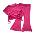 thumbnail image 1 of Ulitacool Outfits For Girls Crewneck Sportsuit Elastic Short Sleeve Top Flared Pants Solid Color Two Piece Sweatsuit Lightweight Wear Hot Pink 2-3 Years, 1 of 3