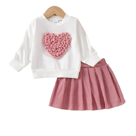 Ulitacool Outfits For Girls Long Sleeve Comfort Thick Heart Decoration Sweater Baby Classic Solid Color Cozy Tops Pleated Skirt Sweet Clothes White 6-7 Years