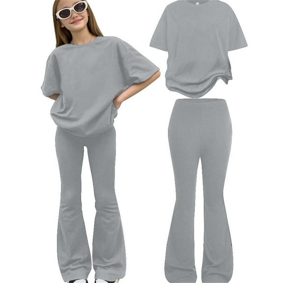Ulitacool Outfits Girls Summer Long Sleeve Top And Pants Solid Color Pullover Sweatsuit Crewneck Shirt Flare Trouser Sweet Soft Daily Wear Grey 9-10 Years