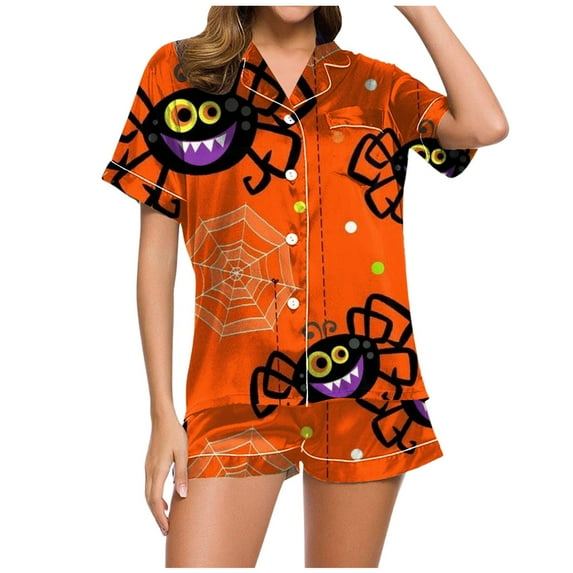 Ulitacool Pajamas For Womens Halloween Short Sleeve Pjs And Shorts Set Button Down Pumpkin Ghost Print Sleepwear Hallowmas Comfortable Jammies Nightwear Orange L