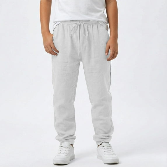 Ulitacool Pants For Boys Linen Pants For Straight Leg Trousers Kids Long Pants With Elastic Waist For Daily Play And Outdoor Activities Patriotic Wear White 12-13 Years