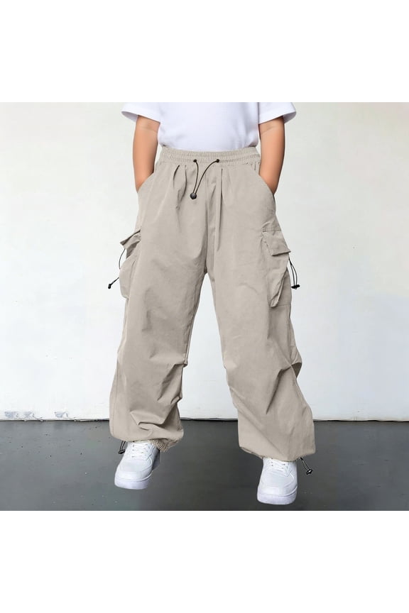 Pants For Boys 7-8 Years Straight Leg Kids Cargo Pants With Multiple Pockets Comfortable Trousers Solid Color Baggy Slacks Beige