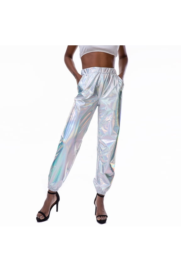 Pants For Women High Waist Streetwear Club Cool Shiny Pants Solid Color Sequin Trousers 2Xl White
