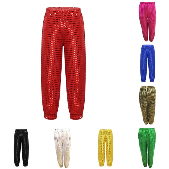 Ulitacool Pants For Girls 7-8 Years Straight Leg High Waist Sequins Loose Jazz Hip Hop Street Dance Haren Trousers Dancewear Costume Elegant Clothing Red
