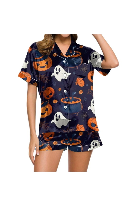 Sexy Pajamas For Womens Halloween Lapel Sleepwear Pumpkin Print Tops Short Jammies Short Sleeve Nightwear Autummn Winter Fashion Outfits L Orange