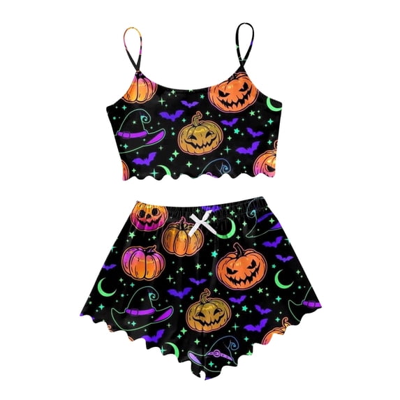 Ulitacool Sexy Pajamas For Womens Halloween Sleeveless Top And Pants Pumpkin Print Sleepwear Jammies V Neck Nightwear Autummn Winter Retro Homewear 2Xl Multicolour