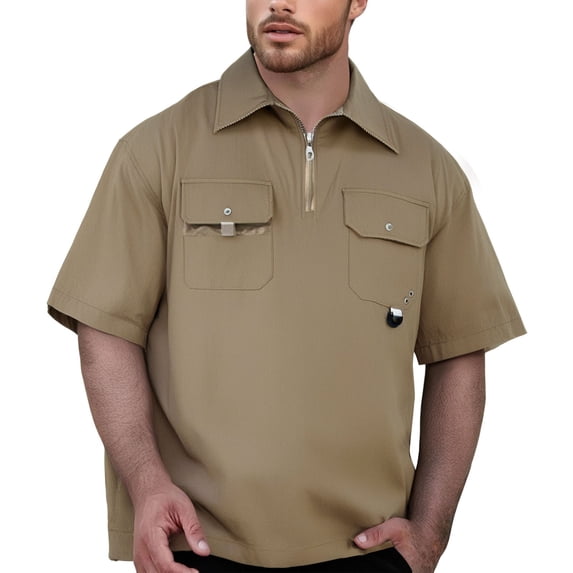 Ulitacool Shirts For Men Short Sleeves Double Pocket Solid Color Baggy Shirt With Pocket Soft Wear 2Xl Khaki