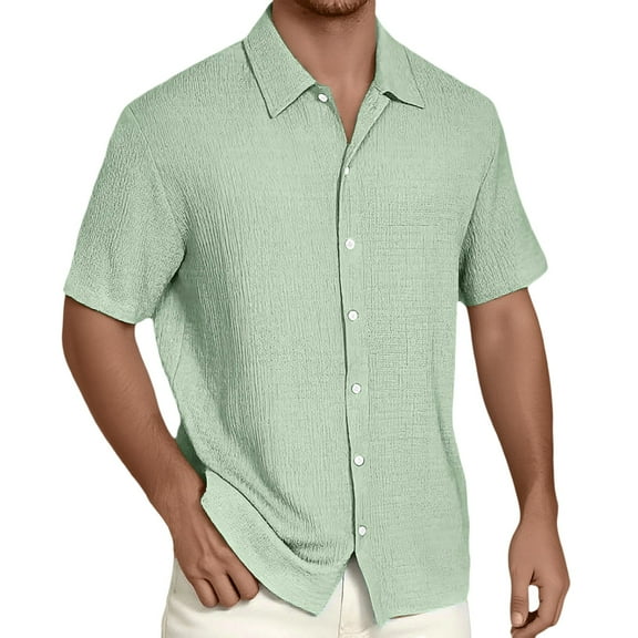 Ulitacool Shirts For Men Summer Solid Color Button Down Clouse Refreshing Short Sleeve Shirt Leisure Clothing M Light Green