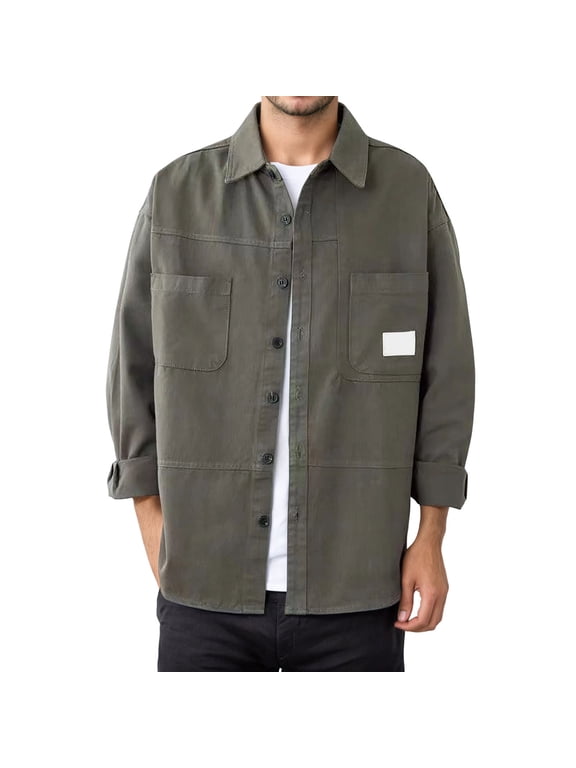 Shirts For Men Long Sleeve Tops Heavy Duty Work Shirt Solid Color Loose Fit Shacket Open Front Jacket Top Outdoor Daily Wear Button Down Clouse Basic Clothes M Green