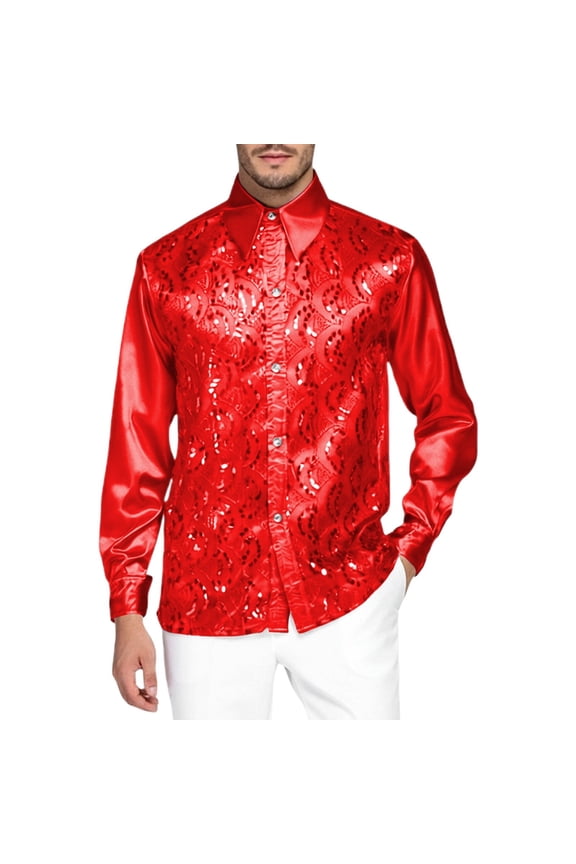 Shirts For Men Long Sleeve Tops Shirt Stage Permance Glitter Top Disco Party Clubwear Evening Wear Blouse Show Button Down Clouse Casual Clothes Xl Rd1