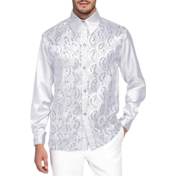 Ulitacool Shirts For Men Long Sleeve Tops Shirt Stage Permance Glitter Top Disco Party Clubwear Evening Wear Blouse Show Button Down Clouse Trend Clothes Xl White