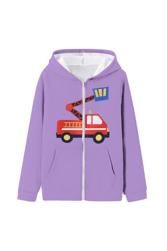 Spring Coats For Girls Long Sleeve Girls Winter Hooded Jacket With Fire Truck Print Zip Up Coats For Kids Outerwear School Outdoor Play Durable Playsuit Purple 4-5 Years