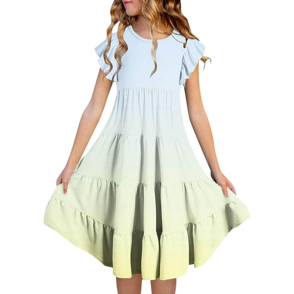 Ulitacool Spring Dresses For Girls Round Neck Girls' Summer Gradient Dress Short Sleeve Flowy Sundress Basic Wear Light Yellow 10-11 Years