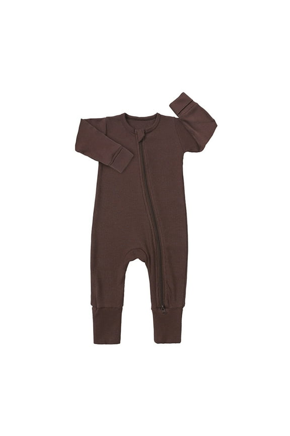 Spring Romper For Boys Baby Ribbed Pajamas Girls Boys Zipper Long Sleeve Jumpsuit Crewneck Bodysuit Fashion Onesie Brown 6-12 Months