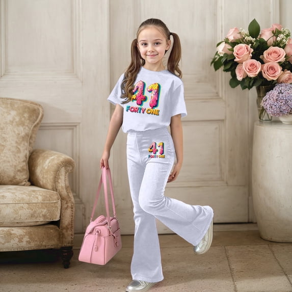 Ulitacool Summer Clothes For Girls Crew Neck 2Pieces Set Short Sleeve Letter Graphic Tops Flared Pants Classic Outfits 8-9 Years White