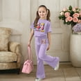 thumbnail image 1 of Ulitacool Summer Clothes For Girls Crew Neck 2Pieces Set Short Sleeve Letter Graphic Tops Flared Pants Soft Outfits 7-8 Years Purple, 1 of 4