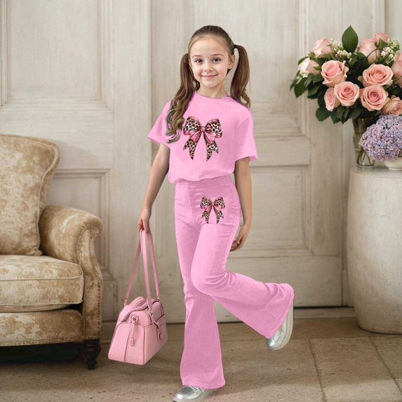 Ulitacool Summer Clothes For Girls Short Sleeve Cartoon Prints Crewneck Tops Flared Pants 2 Pieces Swt Lovely Outfits 9-10 Years Pink