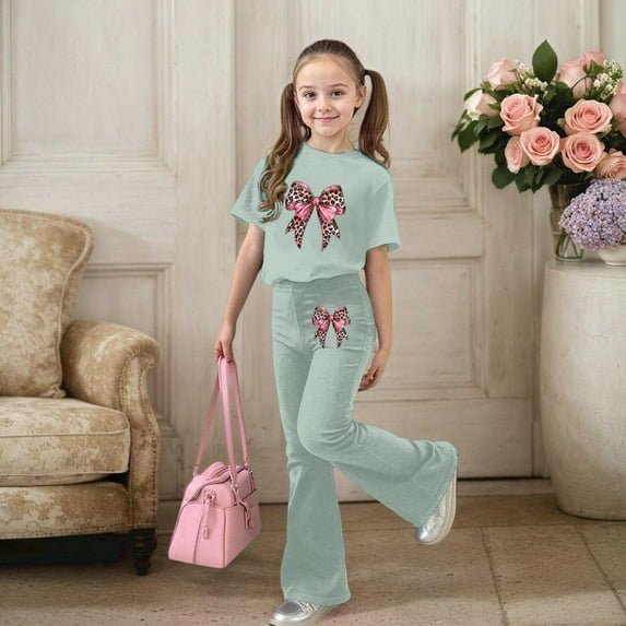 Ulitacool Summer Clothes For Girls Short Sleeve Cartoon Prints Crewneck Tops Flared Pants 2 Pieces Swt Sweet Outfits 7-8 Years Light Green