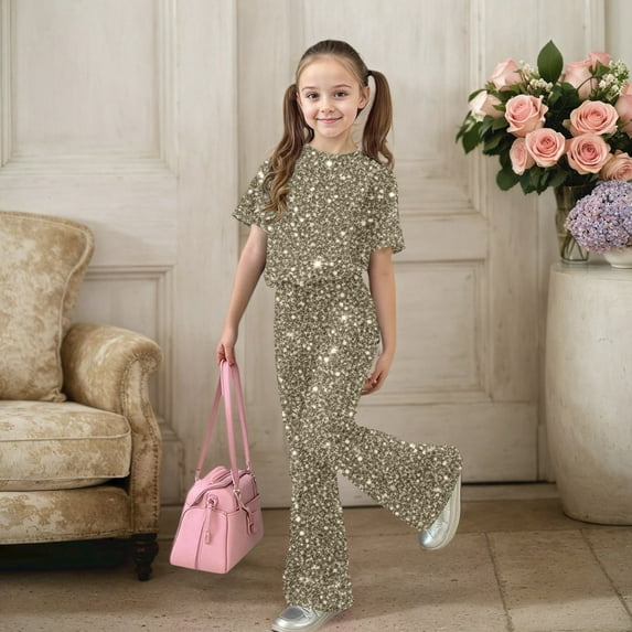 Ulitacool Summer Clothes For Girls Stylish And Comfortable Short Sleeve Top With Long Pants Adorable Crewneck Outfits 12-13 Years Beige