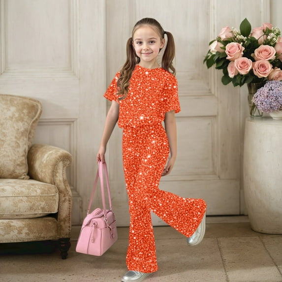 Ulitacool Summer Clothes For Girls Stylish And Comfortable Short Sleeve Top With Long Pants Lovely Crewneck Outfits 11-12 Years Orange