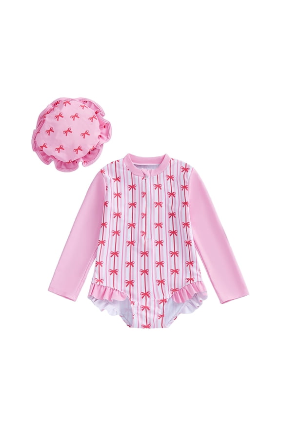 Summer Girls Swimsuit Long Sleeve Swimsuit Cartoon Prints Crewneck Swimwear For Kids Sun Bathing Adorable Beach Wear 6-12 Months Pink2