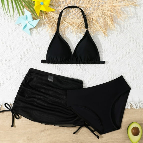Ulitacool Summer Girls Swimsuit Swimwear 3 Piece Set For Pool Beach Outfits Toddler Bikini Swimsuit With Swim Cap Lovely Clothes 9-10 Years Black