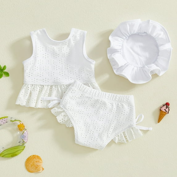 Ulitacool Summer Girls Swimsuit Swimwear Fashionable Lace Sleeveless Top And Bottom Two Piece Outfit For Baby Toddler Cute Clothes 3-6 Months White