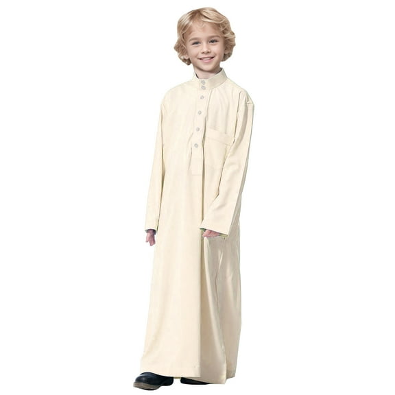 Ulitacool Summer Onesie For Boys Crewneck Long Sleeve Robe National Romper Teenage Boys Long Sleeve Embroidered Robe Set Arab Robe Comfortable Clothes Beige 4-5 Years