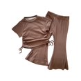 thumbnail image 1 of Ulitacool Summer Outfits For Girl Crewneck Sportsuit Elastic Short Sleeve Top Flared Pants Solid Color Two Piece Sweatsuit Soft Wear Coffee 7-8 Years, 1 of 3