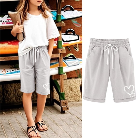 Ulitacool Summer Pants For Girls Straight Leg Children'S Thin Outerwear Elastic Waistband Loose Knee Length Pants Classic Clothes Grey 11-12 Years